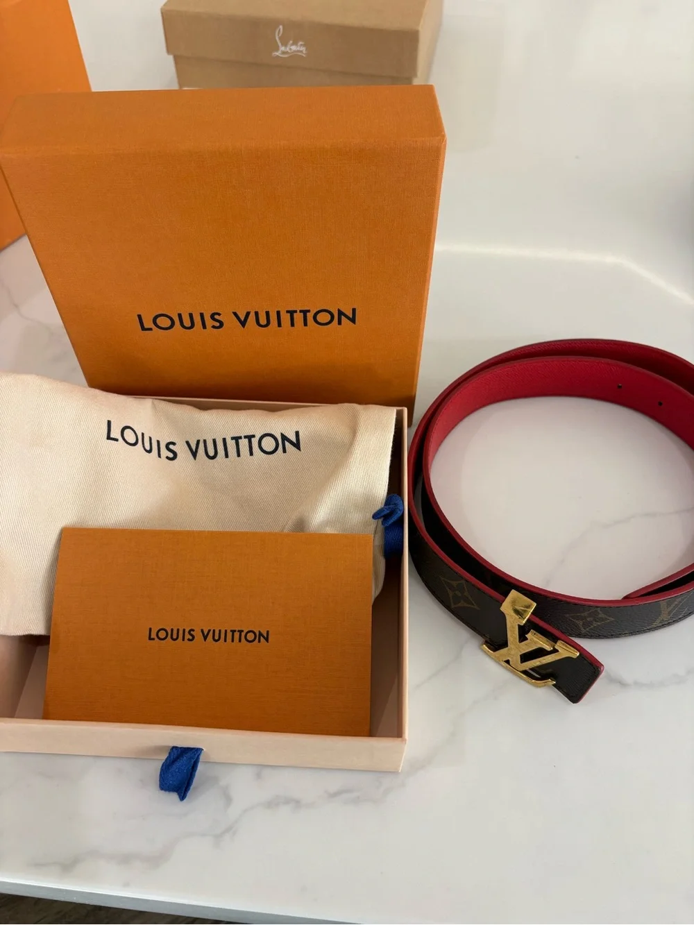 Louis Vuitton Brown Monogram Belt with Red Interior and Gold Buckle